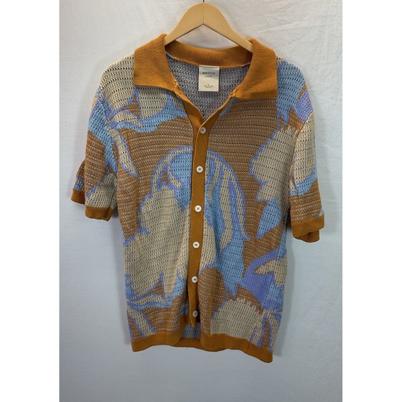 KNITSS Other - Massive Luxury Open Weave Knit Polo Button Up Men's Size L Blue Brown Resort